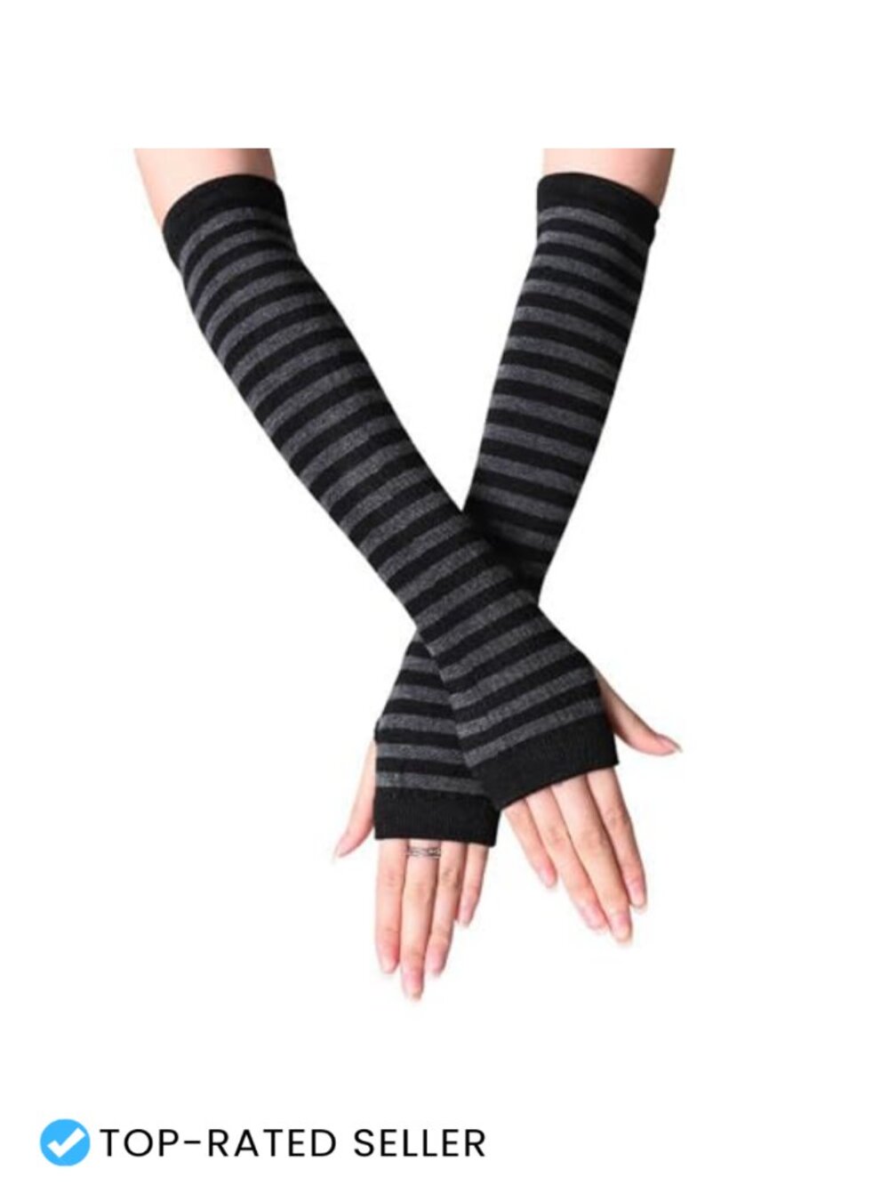 Womens Punk Gothic Long Arm Warmers Striped Fingerless Gloves Knit Stretchy